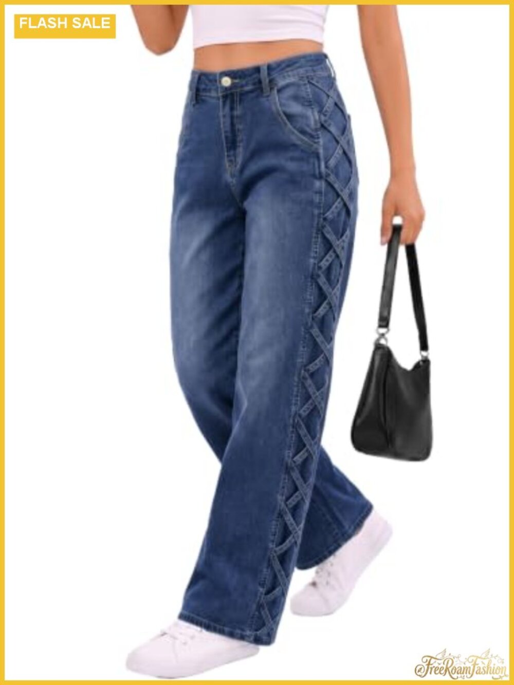 High Waisted Wide Leg Stretch Jeans with Crisscross Side Straps